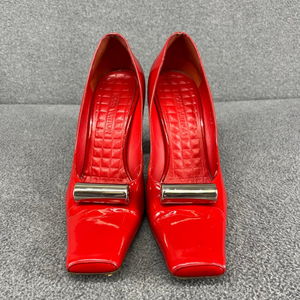 Louis Vuitton Shine Pump Women 39 Red Patent Leather Square‎ Toe Cylinder Heels - Picture 3 of 16